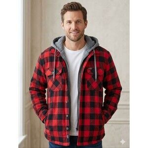 Smiths Red & Black Buffalo Plaid Sherpa-Lined Hooded Shacket Workwear M